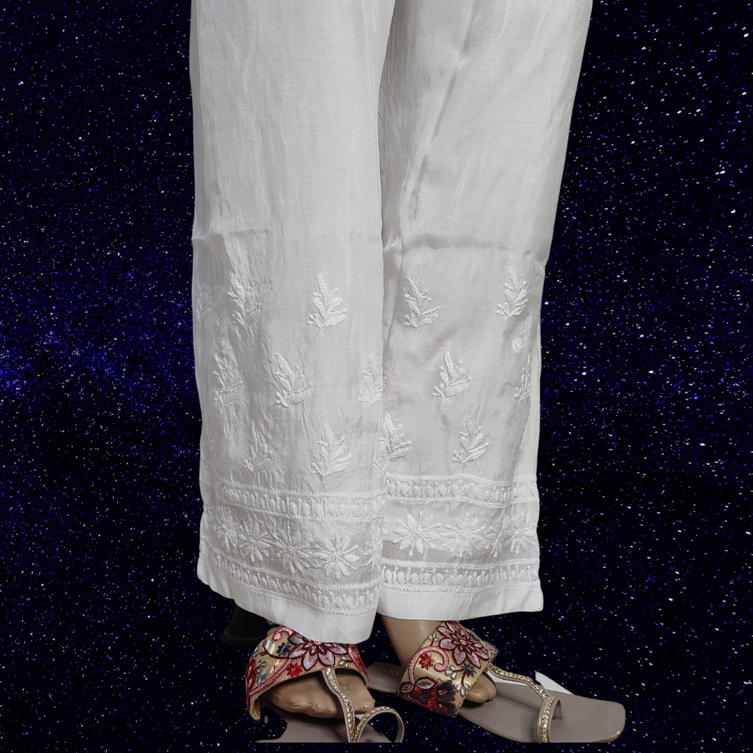 White Eram Modal Chikankari Straight Pant - TheChikanLabel | Lucknow  Chikankari Kurtis & Suits