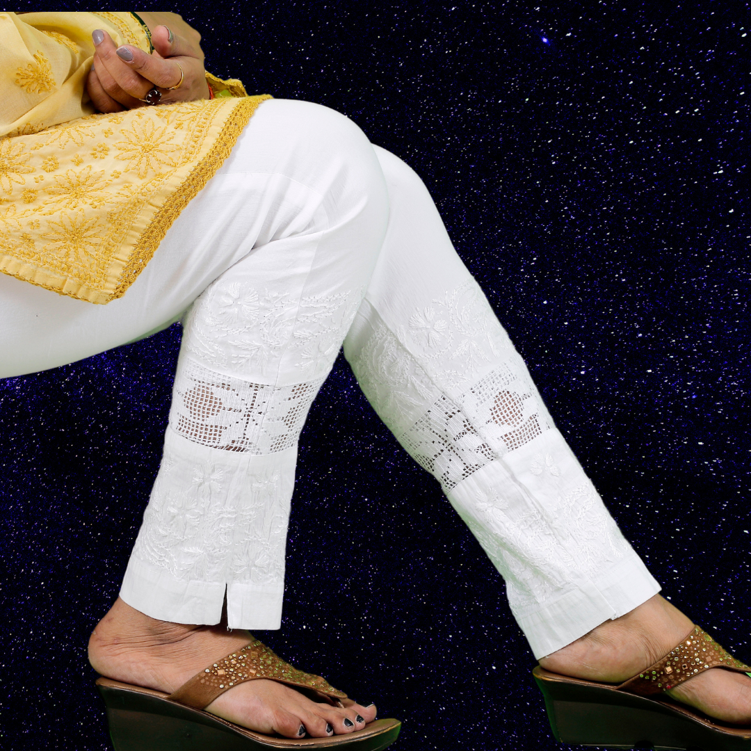 Chikankari Hand-Embroidered Lycra Stretchable Trousers With Both Side –  Safar Chikankari